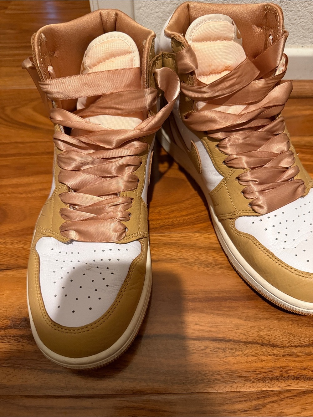 Nike Women's High-Top Sneakers in Tan, White and Rose Satin Laces